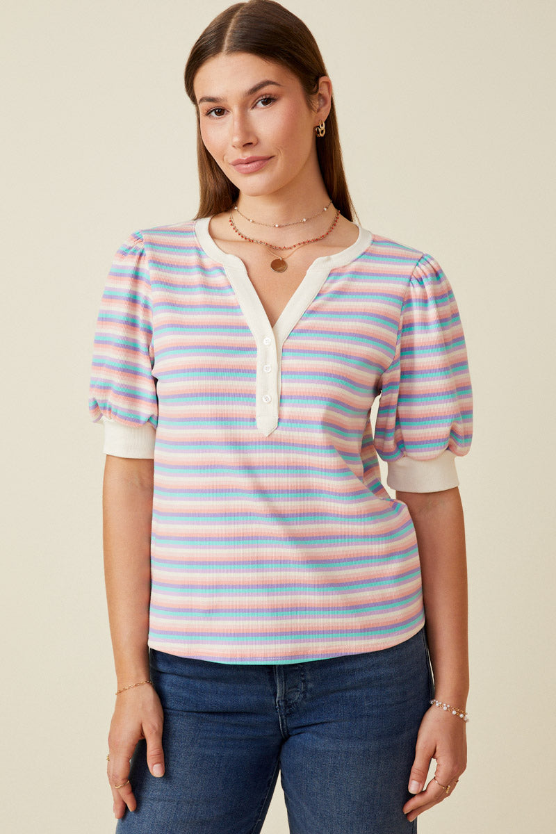 Contrast Banded Button Detail Ribbed Knit Stripe Top