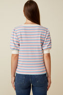 HY7076 Lavender Mix Womens Contrast Banded Button Detail Ribbed Knit Stripe Top Back