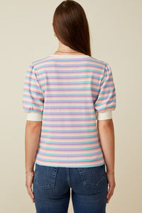 HY7076 Lavender Mix Womens Contrast Banded Button Detail Ribbed Knit Stripe Top Back