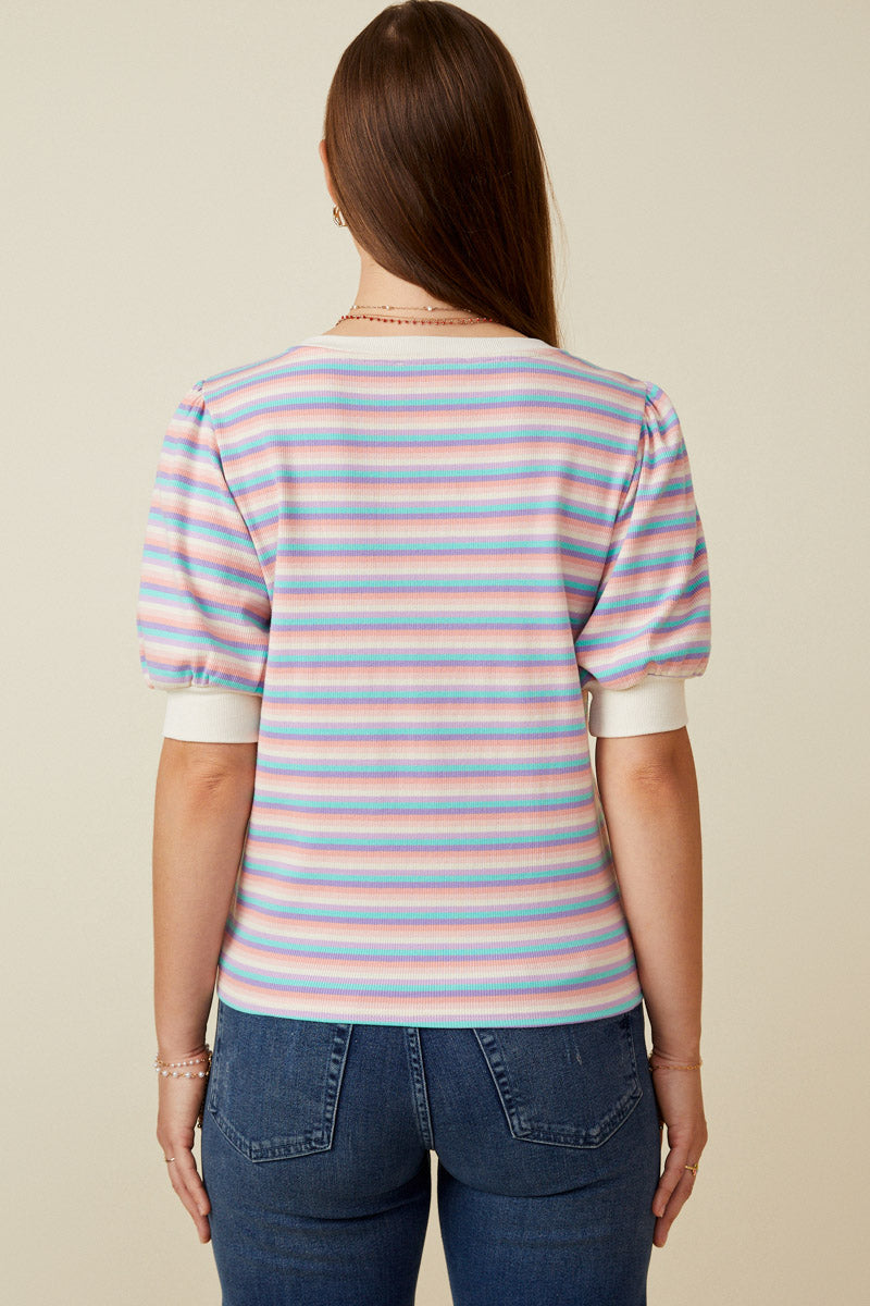 HY7076 Lavender Mix Womens Contrast Banded Button Detail Ribbed Knit Stripe Top Back