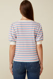 HY7076 Lavender Mix Womens Contrast Banded Button Detail Ribbed Knit Stripe Top Back