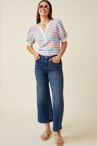 HY7076 Lavender Mix Womens Contrast Banded Button Detail Ribbed Knit Stripe Top Full Body