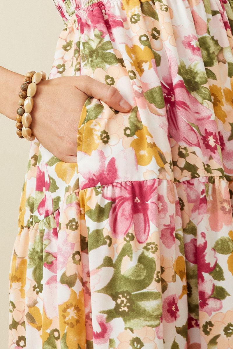 HY7078 Off White Womens Floral Ruffle Detail Smocked Tank Dress Detail