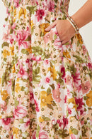 HY7078W Off White Womens Floral Ruffle Detail Smocked Tank Dress Detail