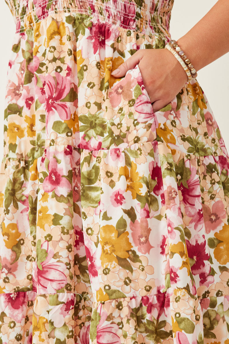 HY7078W Off White Womens Floral Ruffle Detail Smocked Tank Dress Detail