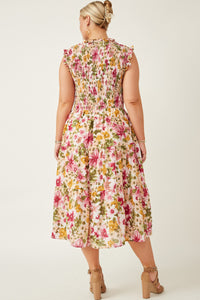 HY7078W Off White Womens Floral Ruffle Detail Smocked Tank Dress Back