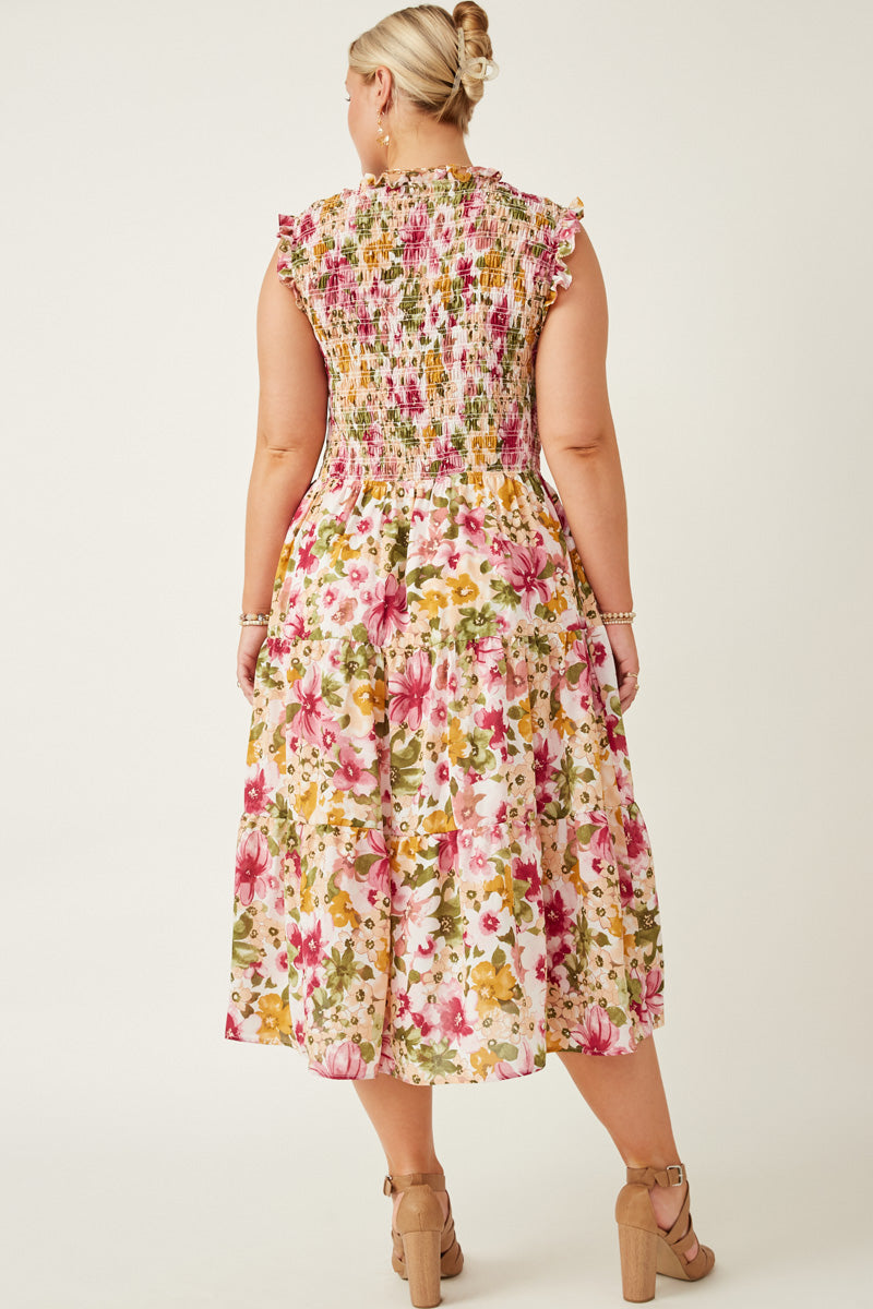 HY7078W Off White Womens Floral Ruffle Detail Smocked Tank Dress Back