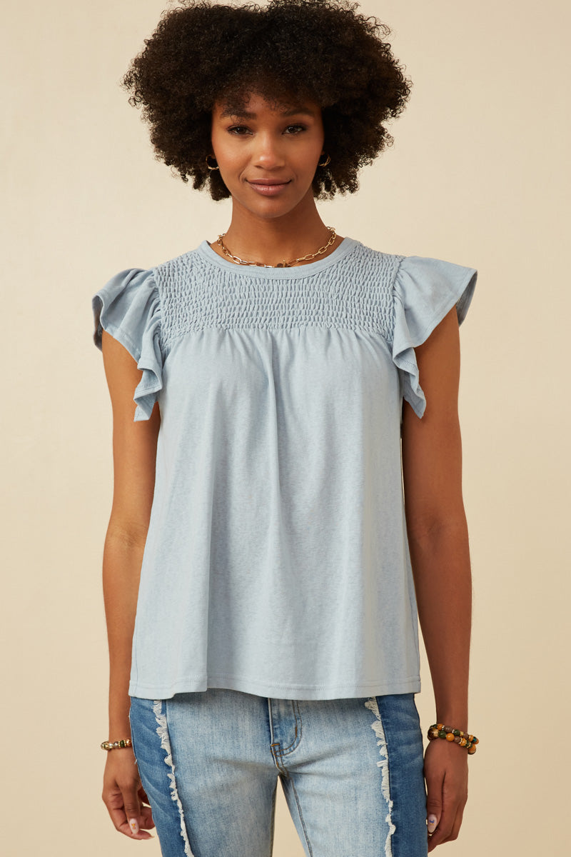 Smocked Yoke Ruffle Shoulder Knit Top