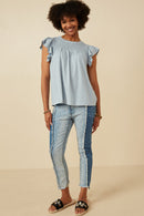 HY7080W BLUE Plus Smocked Yoke Ruffle Shoulder Knit Top Gif