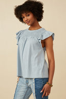 HY7080W BLUE Plus Smocked Yoke Ruffle Shoulder Knit Top Full Body