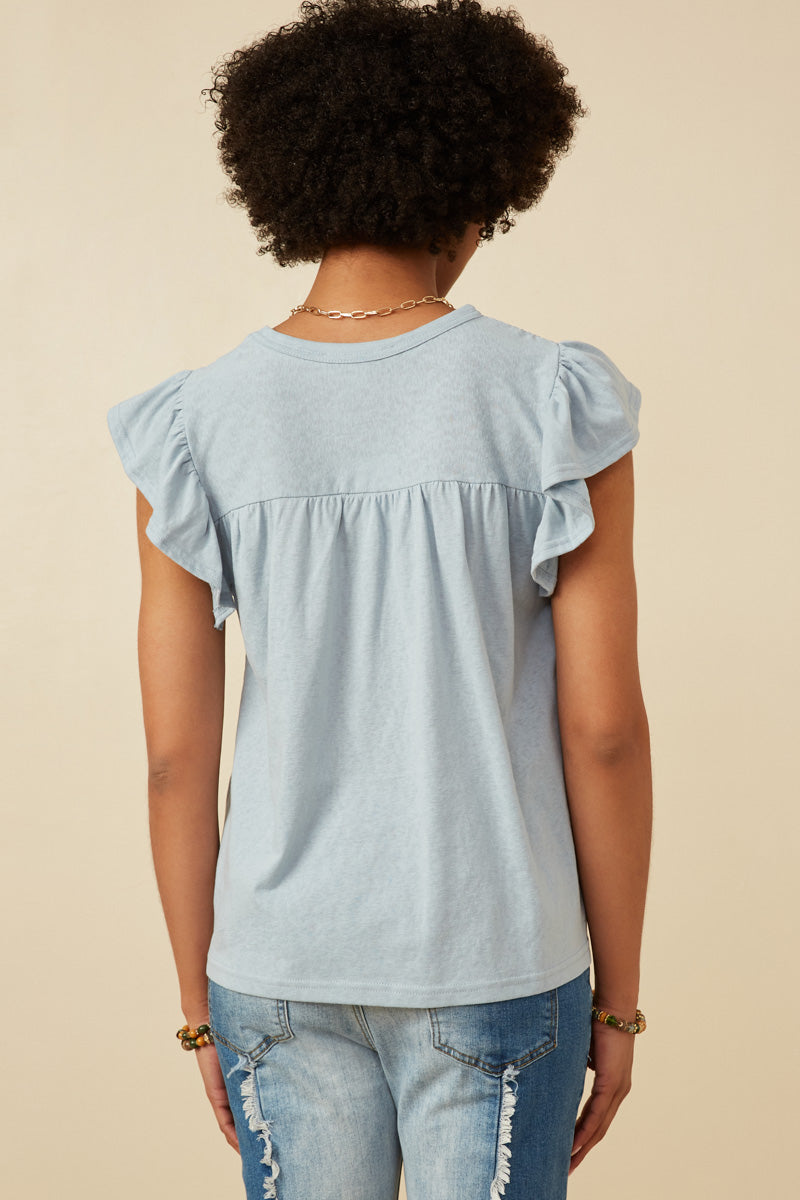 HY7080W BLUE Plus Smocked Yoke Ruffle Shoulder Knit Top Side