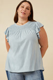 Smocked Yoke Ruffle Shoulder Knit Top