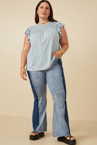 HY7080W BLUE Plus Smocked Yoke Ruffle Shoulder Knit Top Front