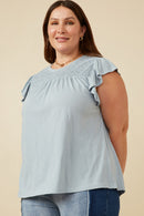 HY7080 BLUE Womens Smocked Yoke Ruffle Shoulder Knit Top Gif