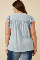 HY7080 BLUE Womens Smocked Yoke Ruffle Shoulder Knit Top Full Body