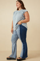 HY7080 BLUE Womens Smocked Yoke Ruffle Shoulder Knit Top Side