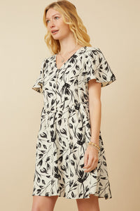 HY7085 Cream Womens Monochromatic Floral Buttoned Dress Full Body