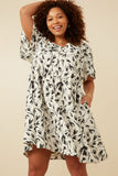 HY7085W Cream Plus Monochromatic Floral Buttoned Dress Front