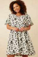 HY7085W Cream Plus Monochromatic Floral Buttoned Dress Detail