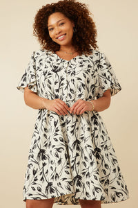 HY7085W Cream Plus Monochromatic Floral Buttoned Dress Detail