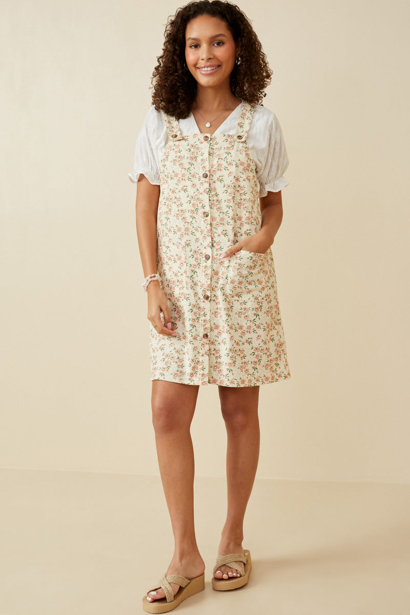 HY7086 Cream Womens Floral Corduroy Button Detail Tank Dress Full Body