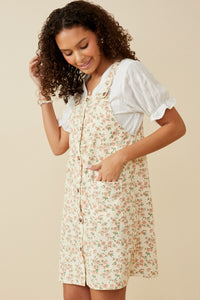 HY7086 Cream Womens Floral Corduroy Button Detail Tank Dress Side