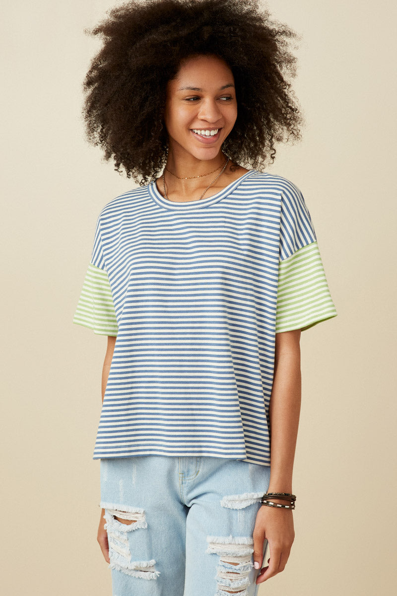 Contrast Sleeve Drop Shoulder Knit Stripe Tee