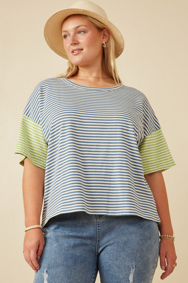 Contrast Sleeve Drop Shoulder Knit Stripe Tee