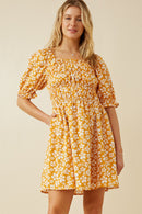 HY7090W Blue Plus Floral Square Neck Loose Smocked Mini Dress Front