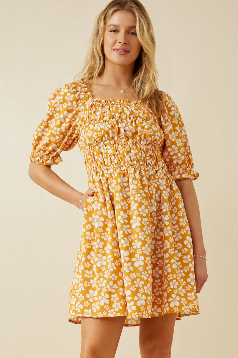 Floral Square Neck Loose Smocked Mini Dress