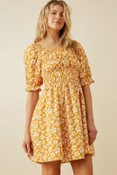 HY7090W Blue Plus Floral Square Neck Loose Smocked Mini Dress Full Body