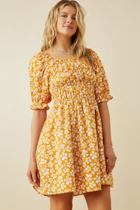 HY7090W Blue Plus Floral Square Neck Loose Smocked Mini Dress Full Body