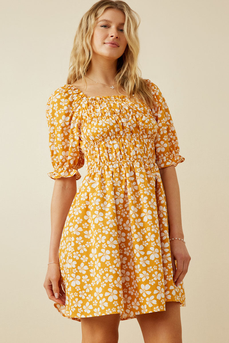 HY7090W Blue Plus Floral Square Neck Loose Smocked Mini Dress Full Body