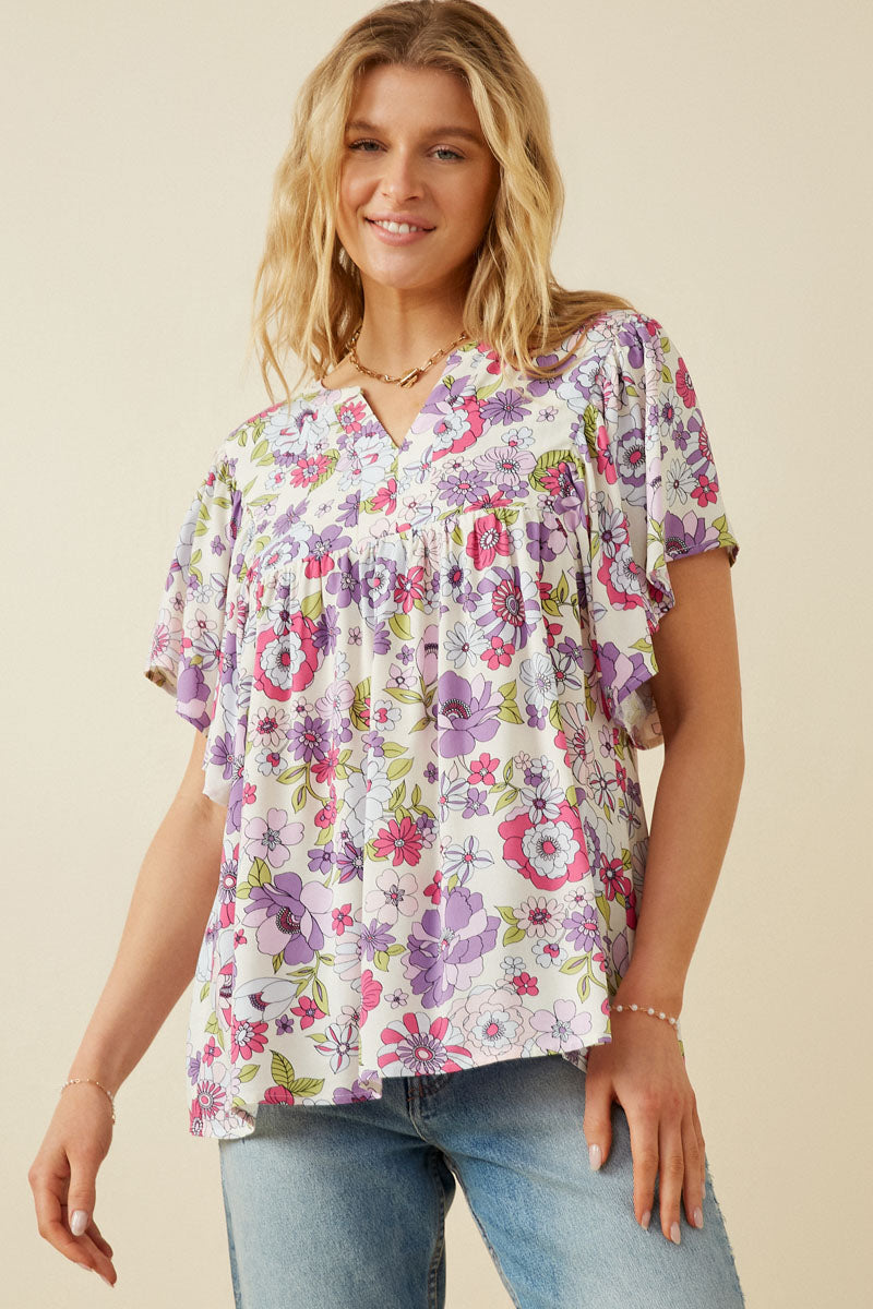 Retro Floral Flutter Sleeve Top