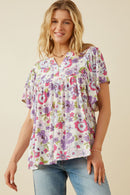 HY7092 Purple Womens Retro Floral Flutter Sleeve Top Front