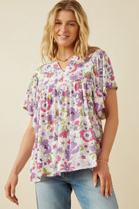 HY7092 Purple Womens Retro Floral Flutter Sleeve Top Front