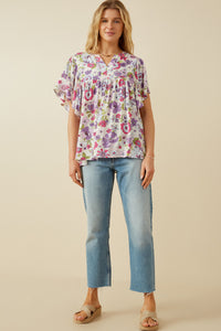 HY7092 Purple Womens Retro Floral Flutter Sleeve Top Full Body