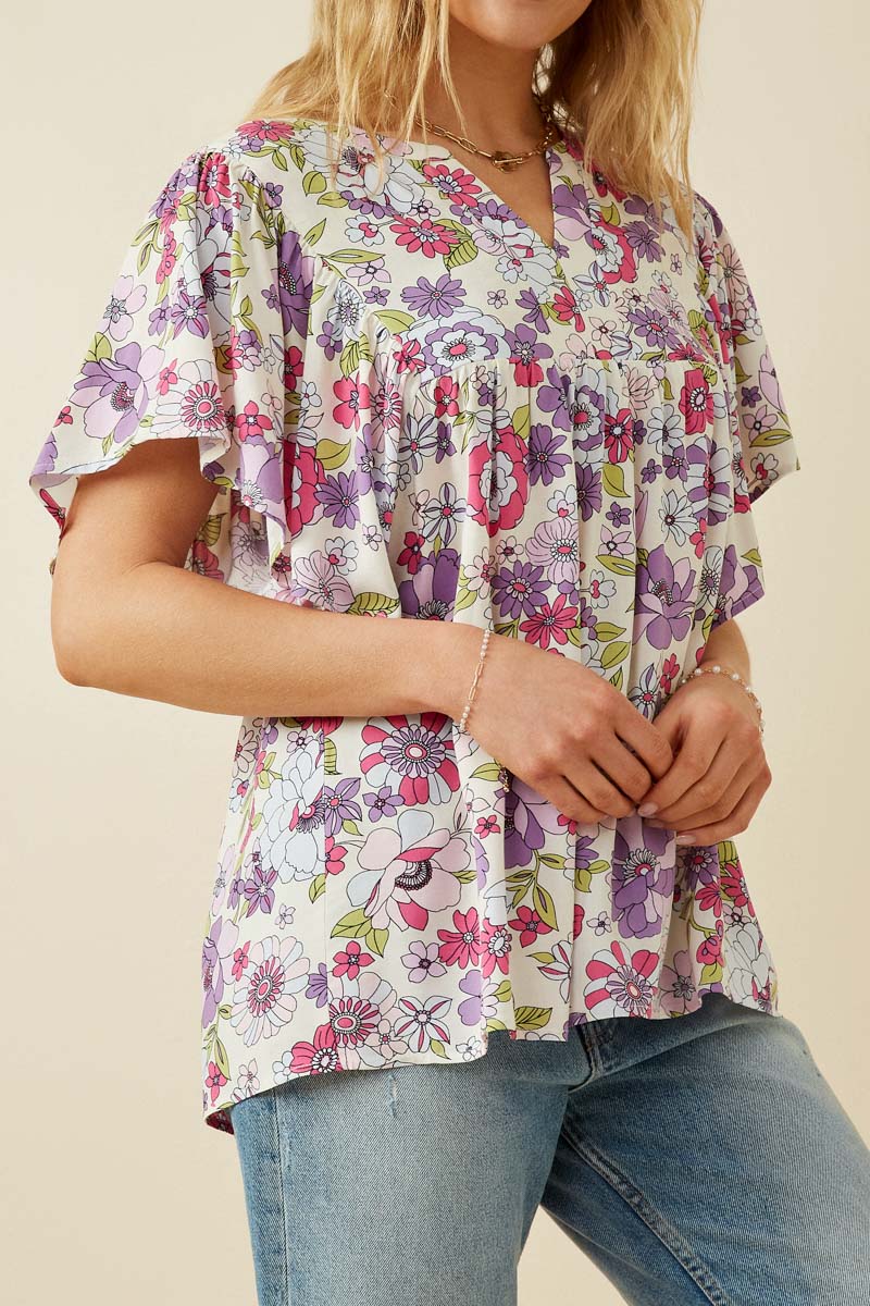 HY7092 Purple Womens Retro Floral Flutter Sleeve Top Side