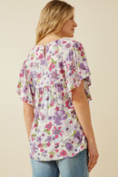 HY7092 Purple Womens Retro Floral Flutter Sleeve Top Back