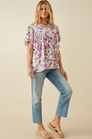 HY7092 Purple Womens Retro Floral Flutter Sleeve Top Full Body