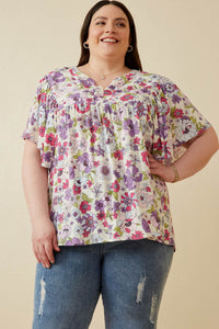 HY7092W Purple Plus Retro Floral Flutter Sleeve Top Front