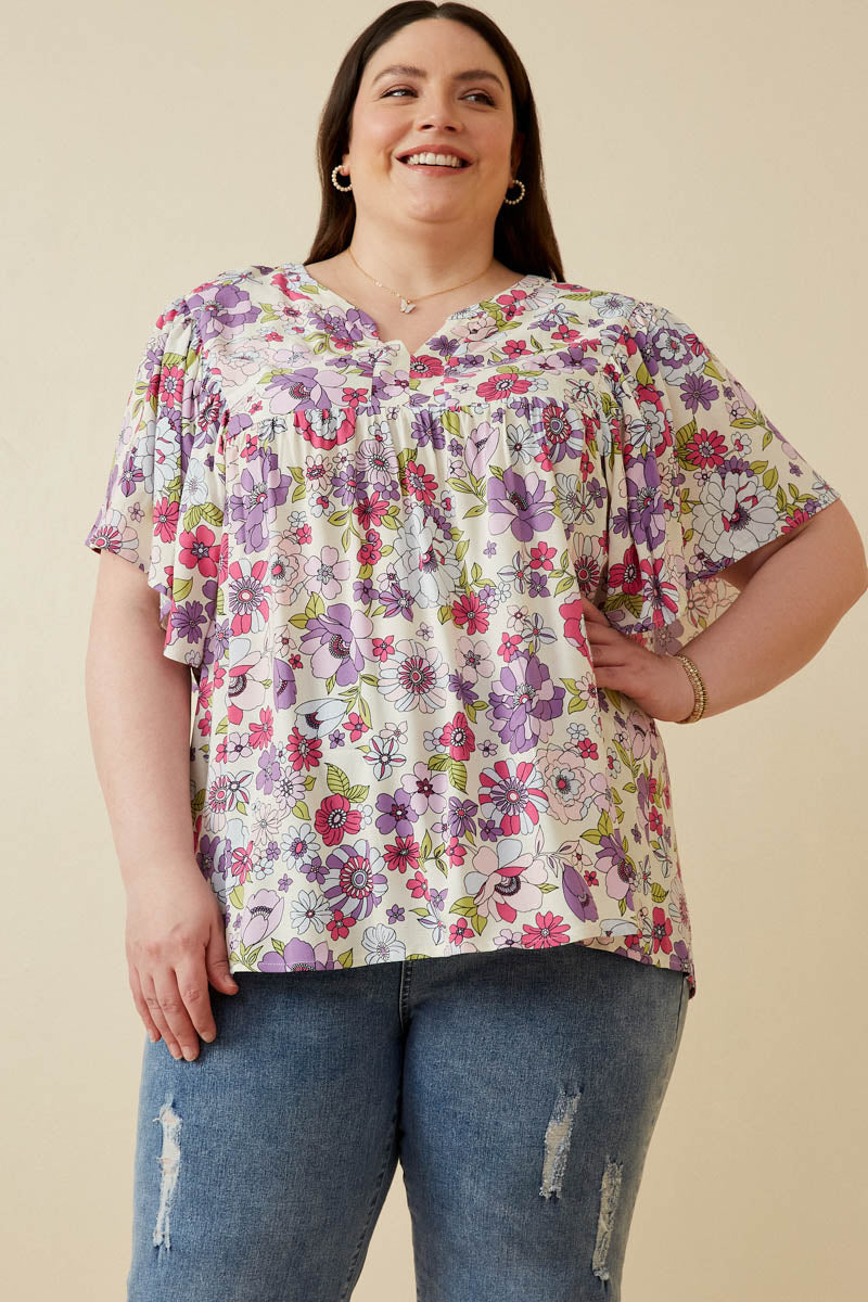 Retro Floral Flutter Sleeve Top