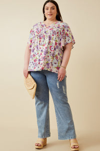 HY7092W Purple Plus Retro Floral Flutter Sleeve Top Gif
