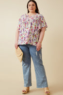 HY7092W Purple Plus Retro Floral Flutter Sleeve Top Gif