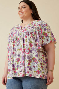 HY7092W Purple Plus Retro Floral Flutter Sleeve Top Full Body