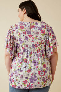 HY7092W Purple Plus Retro Floral Flutter Sleeve Top Front 3