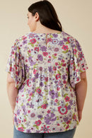 HY7092W Purple Plus Retro Floral Flutter Sleeve Top Front 3
