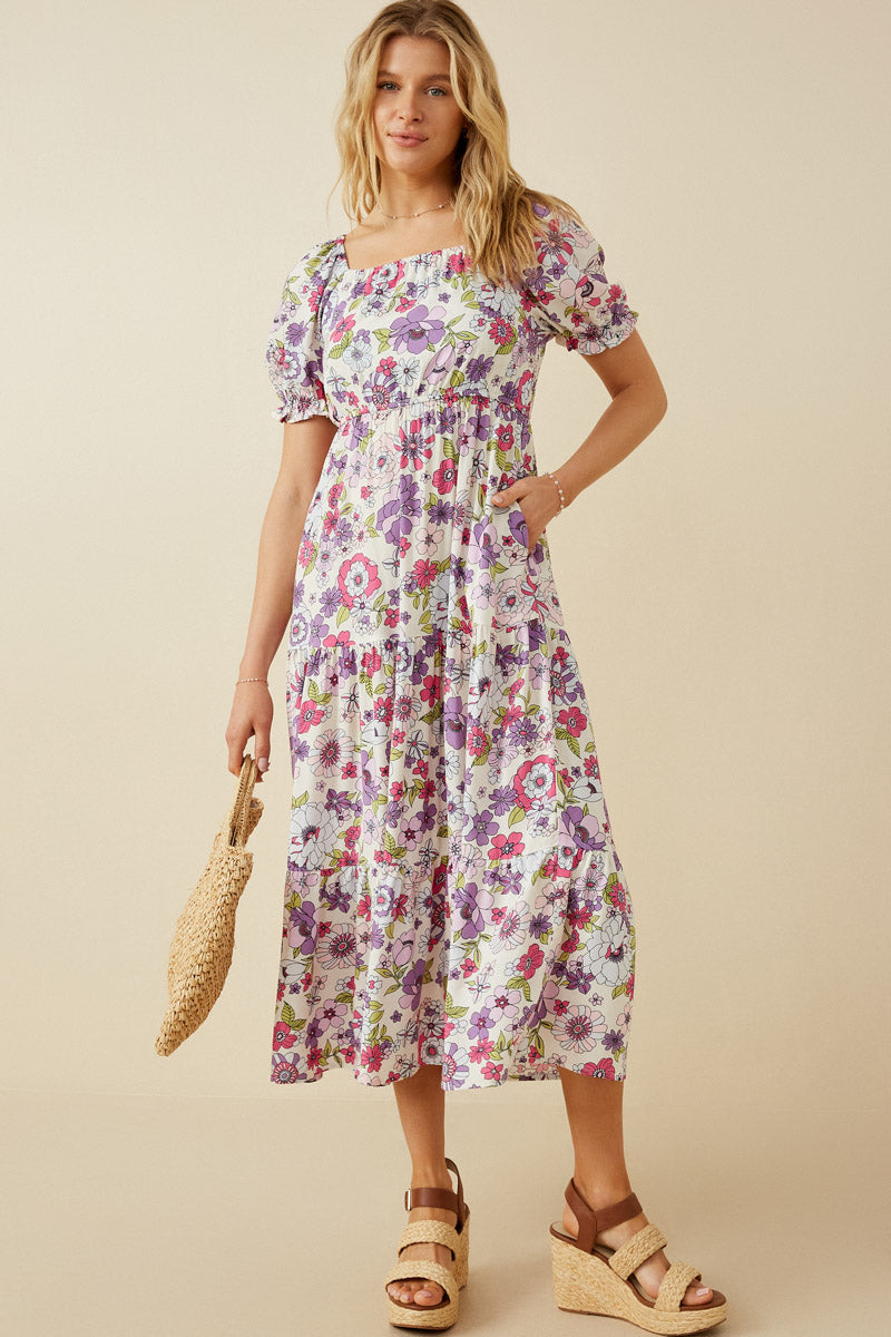 Retro Floral Smocked Square Neck Dress