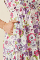 HY7095 Purple Womens Retro Floral Smocked Square Neck Dress Detail