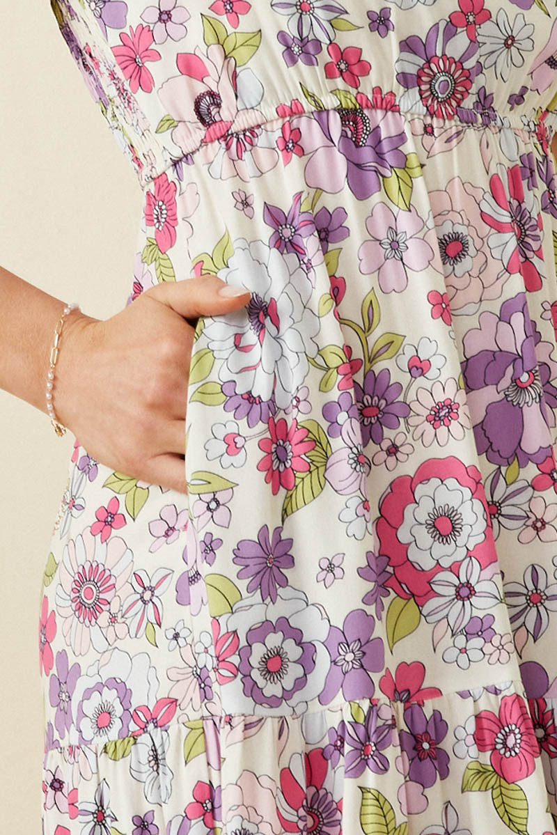 HY7095 Purple Womens Retro Floral Smocked Square Neck Dress Detail
